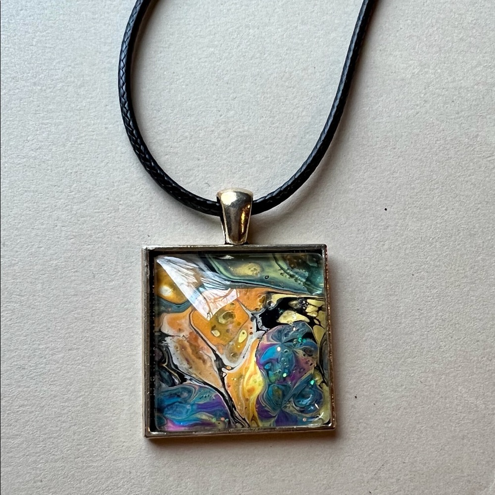 Fluid art necklace, one of a kind, handmade. Black wax chord. - Picture 2 of 2